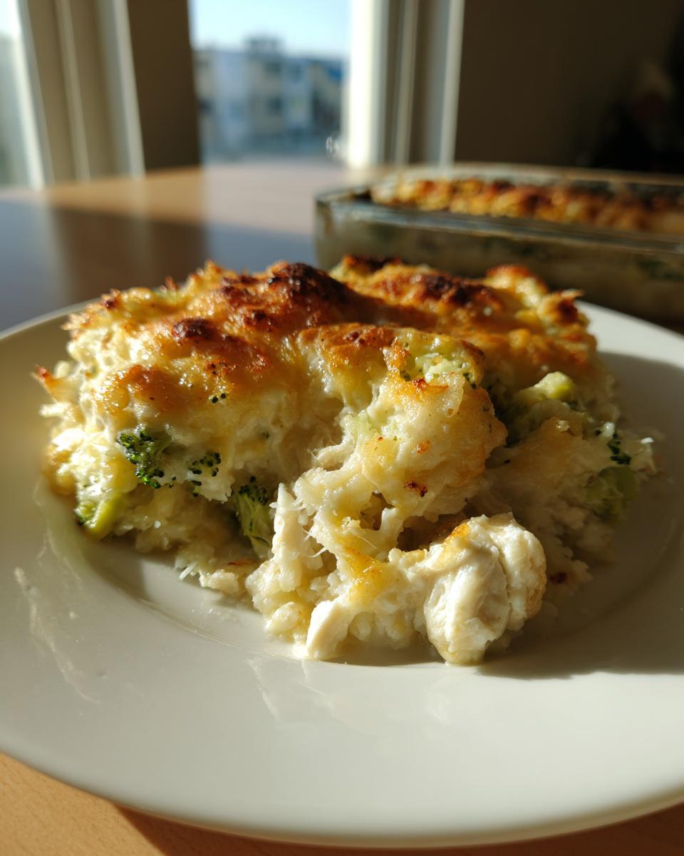 A close-up serving of creamy rice casserole with broccoli and a browned, cheesy topping.
