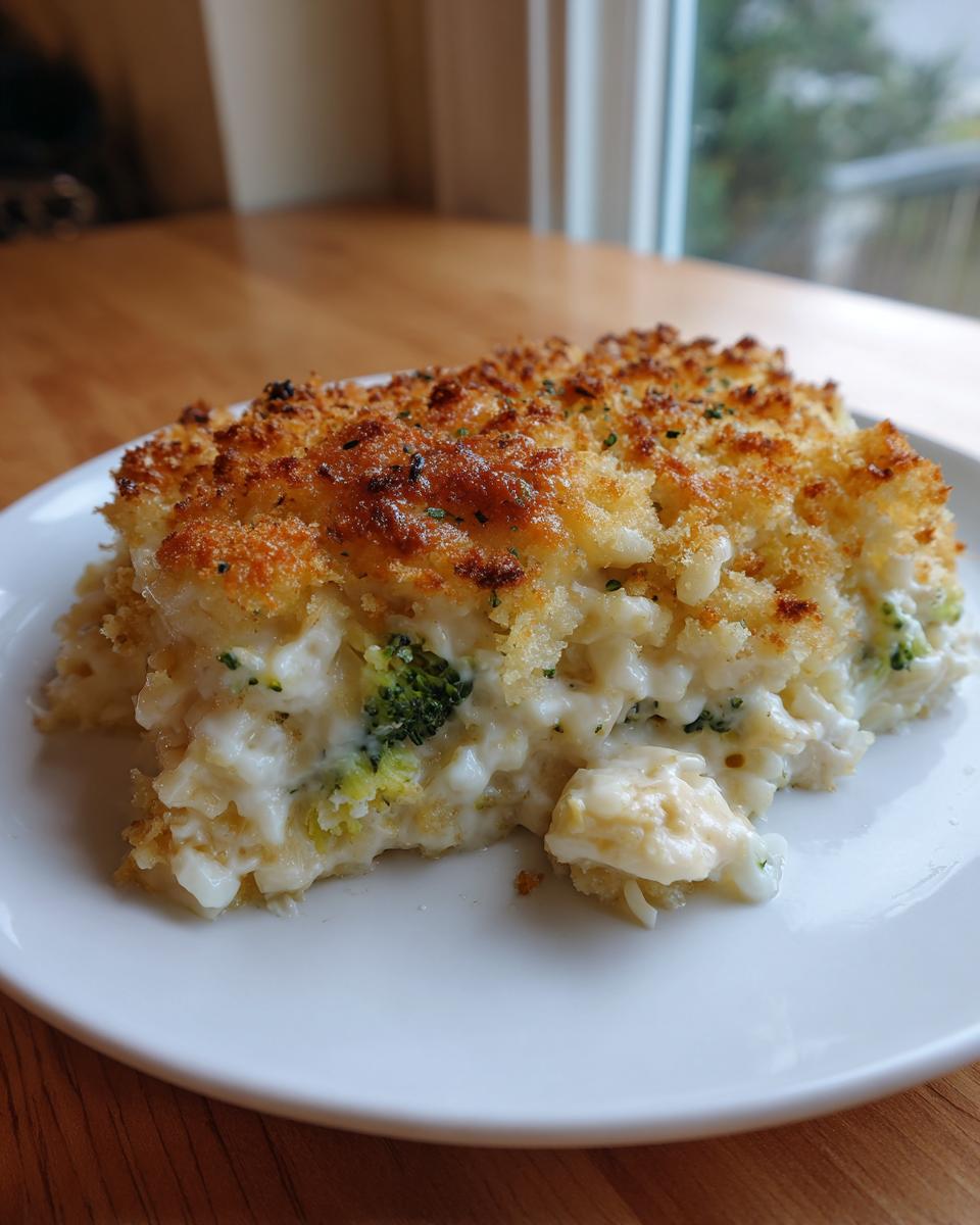 A slice of creamy broccoli rice casserole with a golden, crispy breadcrumb topping served on a white plate.