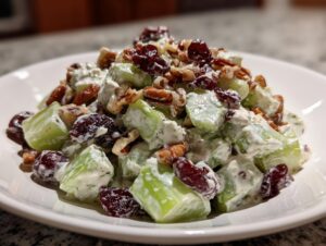 Close-up of a creamy celery salad featuring bright green celery chunks, dried cranberries, and pecans.