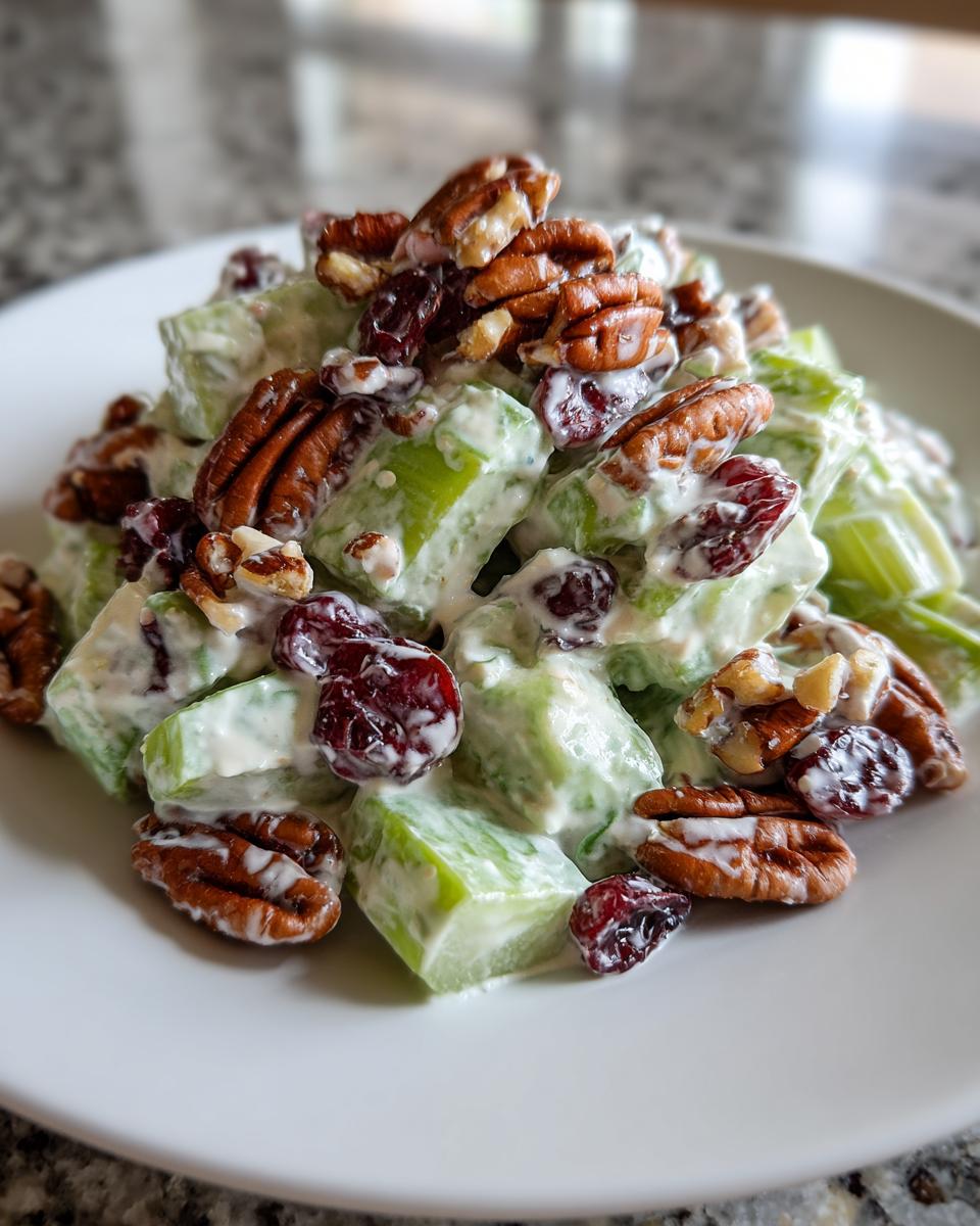 Close-up of a creamy celery salad mixed with pecans and dried cranberries, highlighting the crunch.