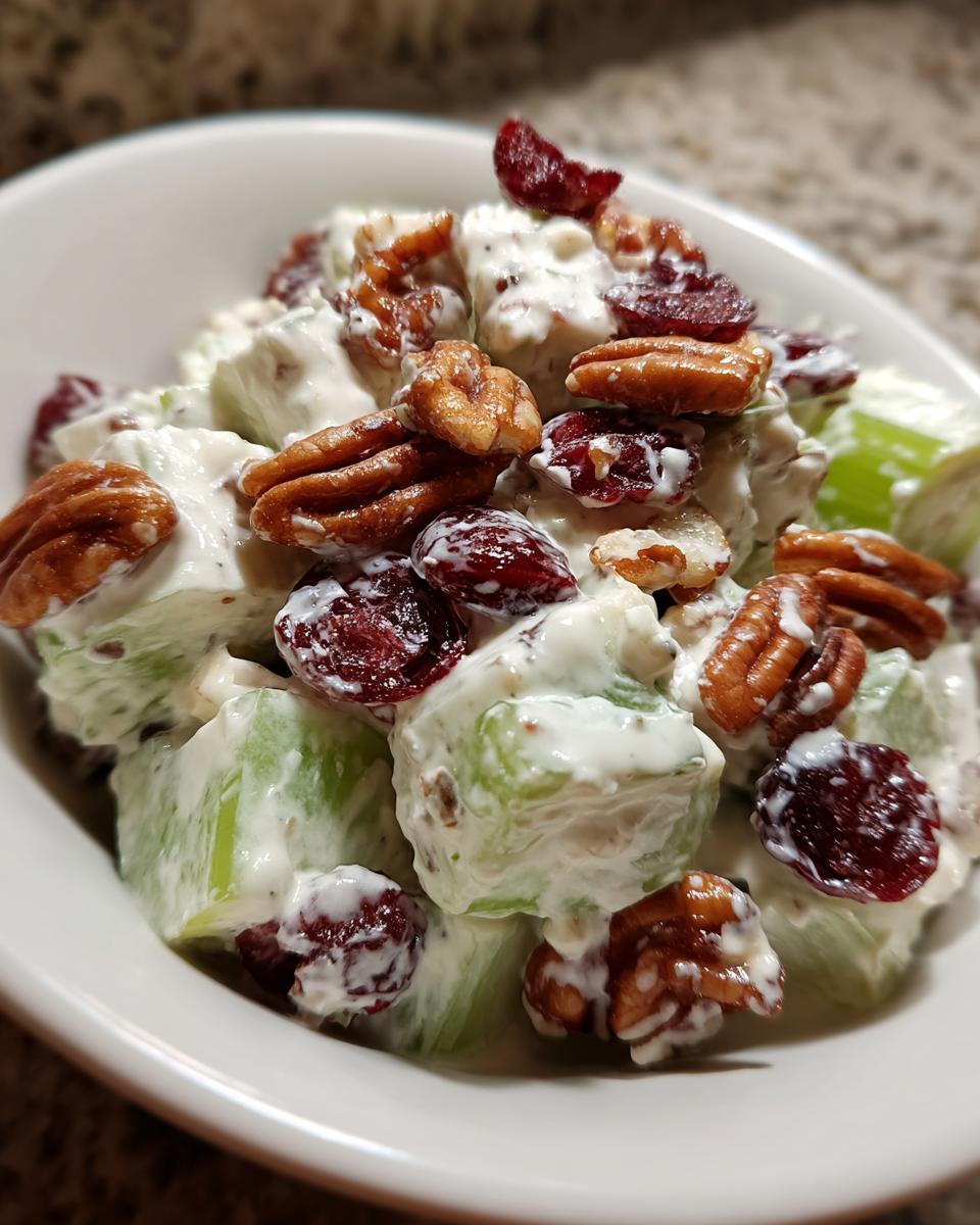 Close-up of creamy celery salad featuring crunchy pecans and dried cranberries.
