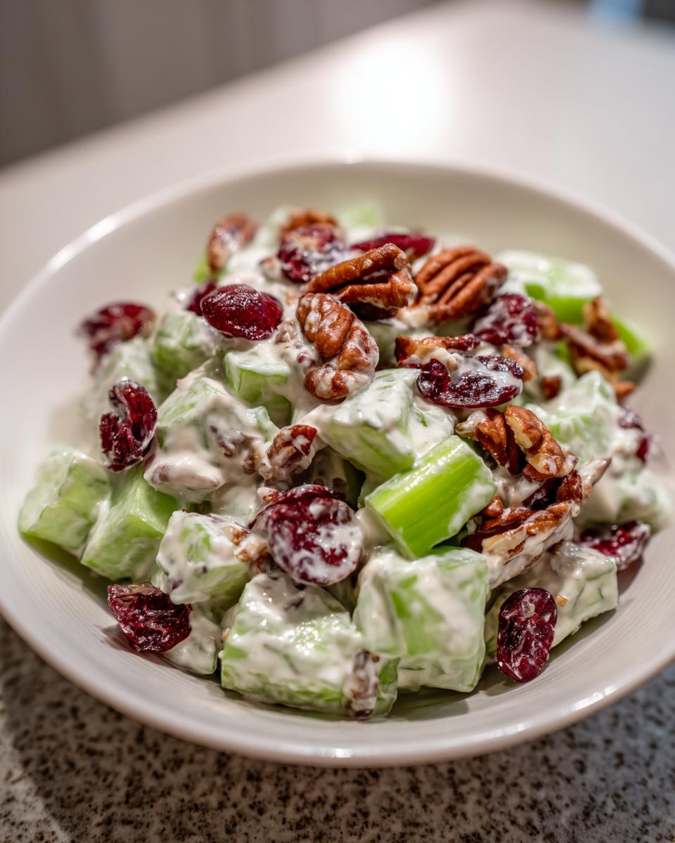 Close-up of a creamy celery salad featuring chopped celery, pecans, and dried cranberries in a white bowl.