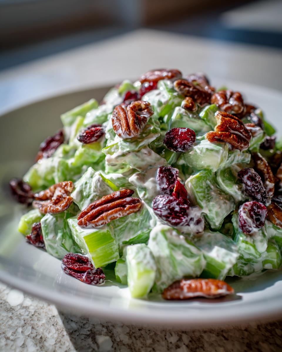 Close-up of creamy celery salad mixed with dried cranberries and topped with toasted pecans.