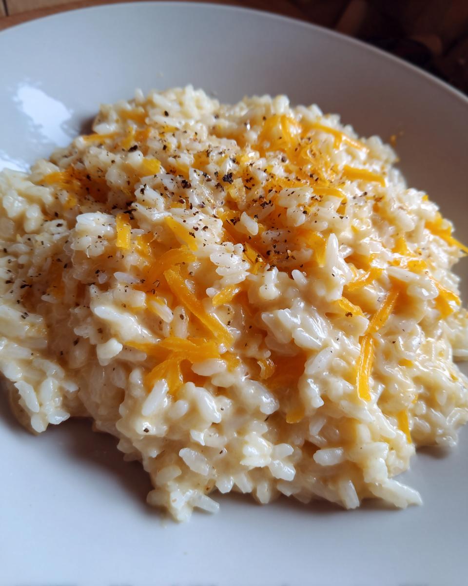 Close-up of creamy cheesy rice topped with shredded cheddar cheese and cracked black pepper.