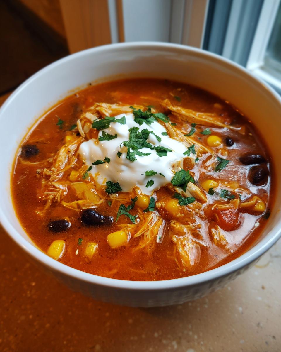 A close-up of a bowl of creamy chicken enchilada soup topped with sour cream and cilantro.