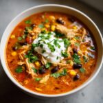 Close-up of a bowl of creamy chicken enchilada soup topped with sour cream and cilantro.