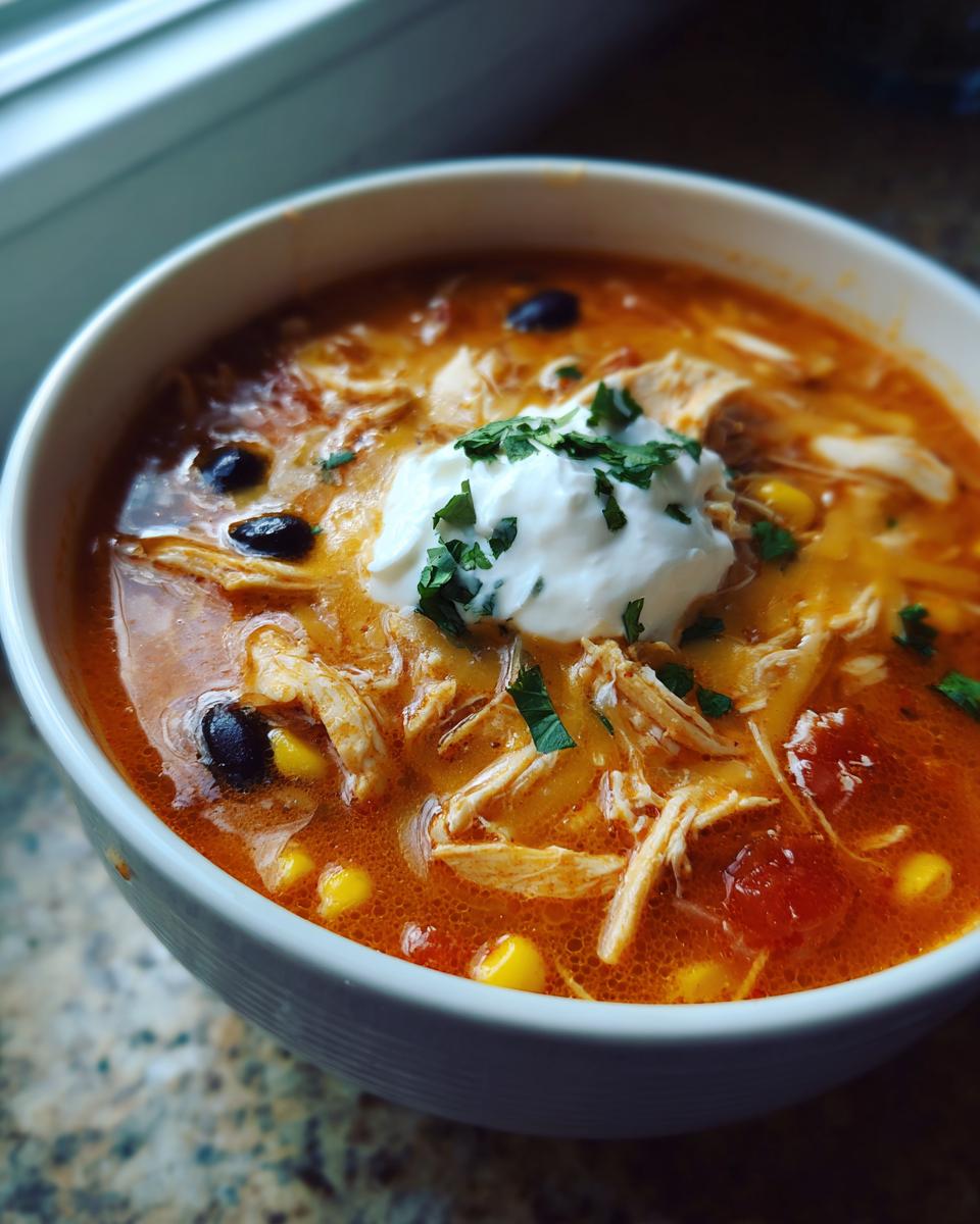 Close-up of a bowl of creamy chicken enchilada soup topped with sour cream and cilantro.