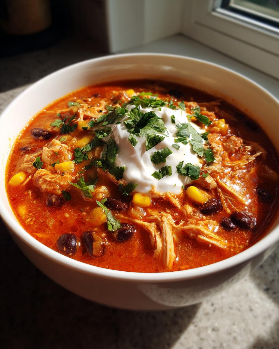 A close-up bowl of rich, red creamy chicken enchilada soup topped with sour cream, cilantro, corn, and black beans.