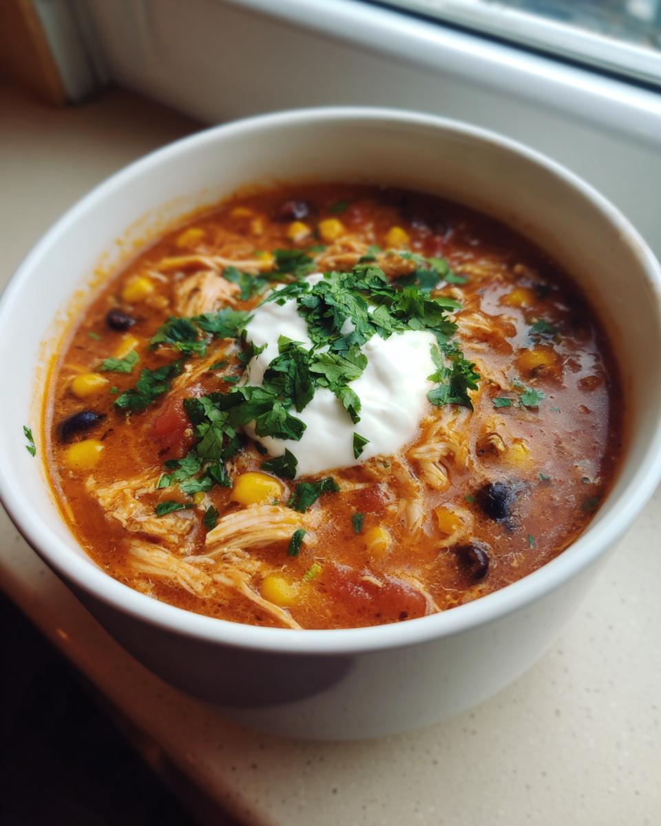 A white bowl filled with creamy chicken enchilada soup, topped with sour cream, cilantro, corn, and black beans.