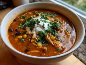 A close-up of a bowl of creamy chicken enchilada soup topped with sour cream and fresh cilantro.
