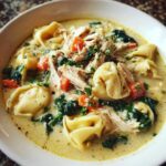 A close-up of a bowl of creamy chicken tortellini soup topped with shredded chicken, spinach, and carrots.