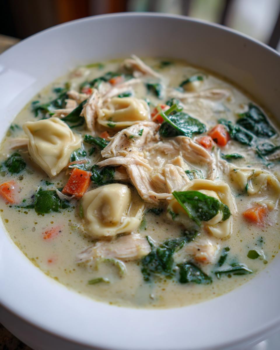 A close-up of a bowl of creamy chicken tortellini soup, featuring shredded chicken, tortellini, spinach, and diced carrots.