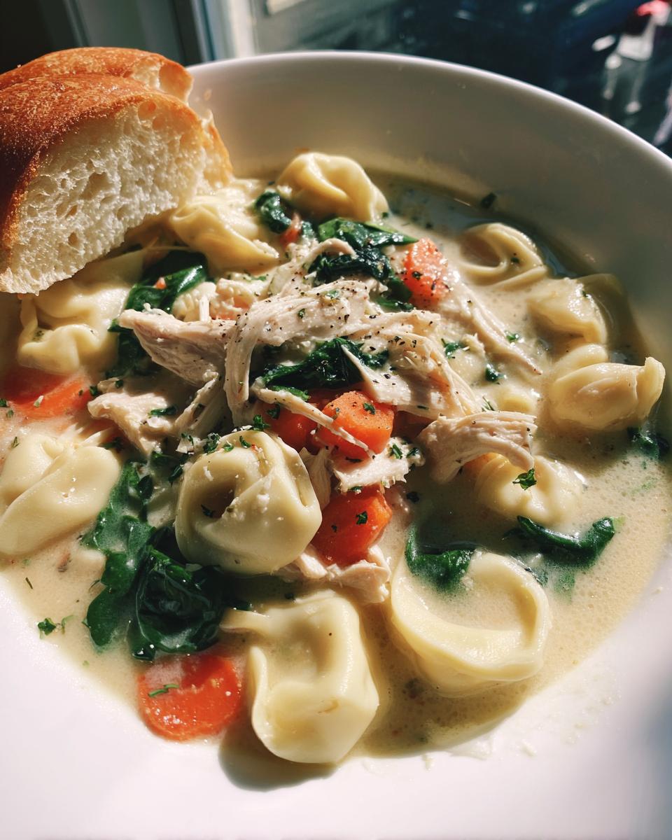 A close-up of creamy chicken tortellini soup filled with shredded chicken, carrots, and spinach, served with crusty bread.
