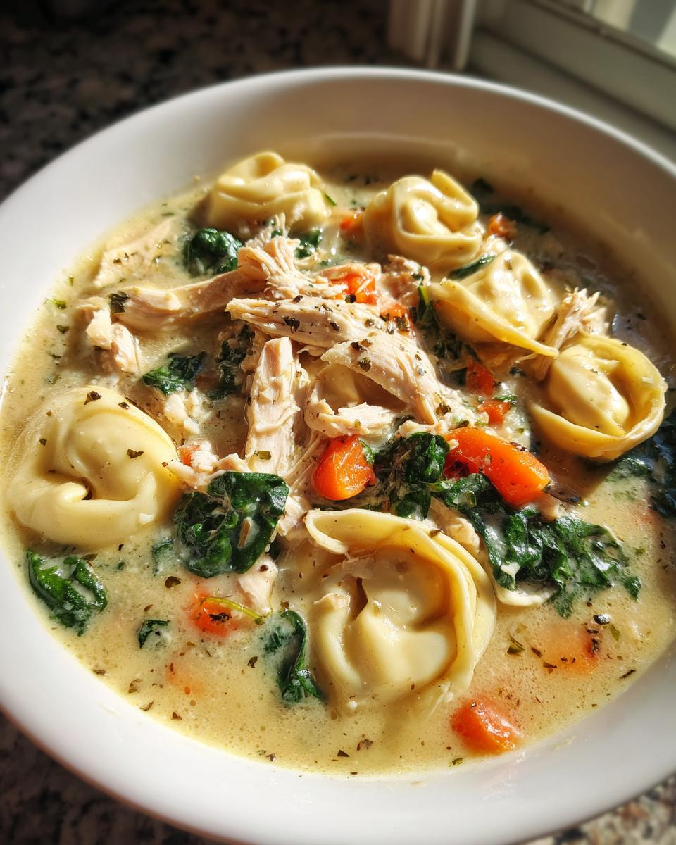 A close-up of creamy chicken tortellini soup featuring shredded chicken, spinach, carrots, and herbs in a white bowl.