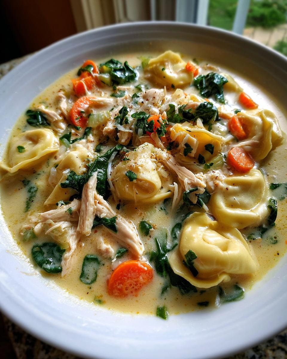 Close-up of a bowl of creamy chicken tortellini soup featuring shredded chicken, spinach, and sliced carrots.