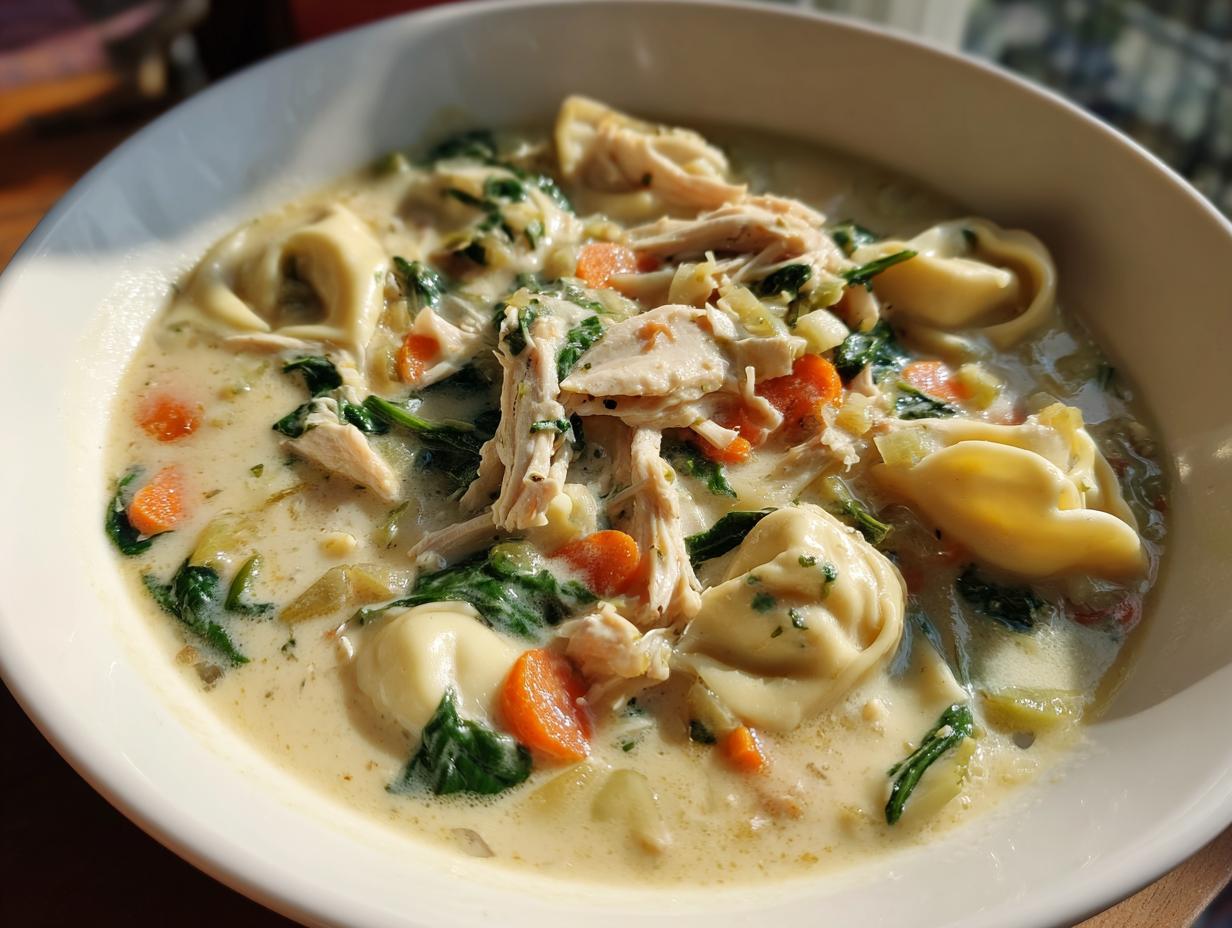 A close-up of creamy chicken tortellini soup filled with shredded chicken, spinach, and carrots in a white bowl.