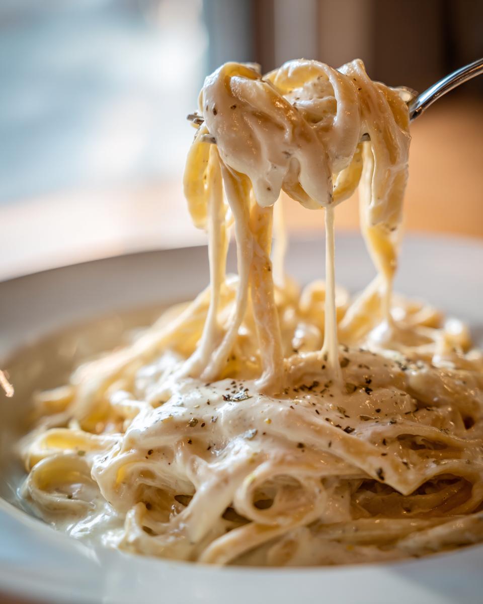 A fork lifting fettuccine noodles coated in thick, creamy cottage cheese alfredo sauce, seasoned with pepper.