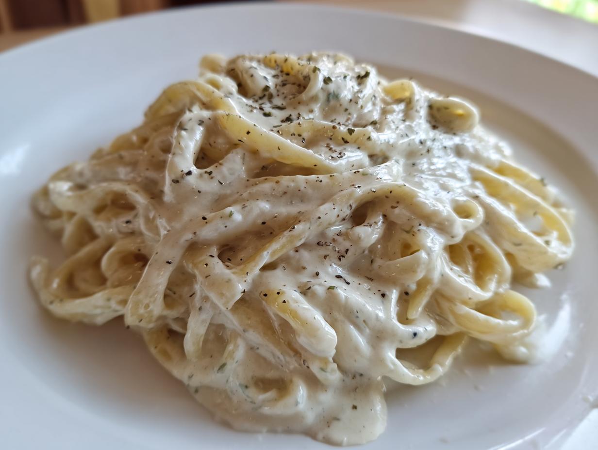 Close-up of fettuccine pasta generously coated in creamy cottage cheese alfredo sauce and sprinkled with pepper.