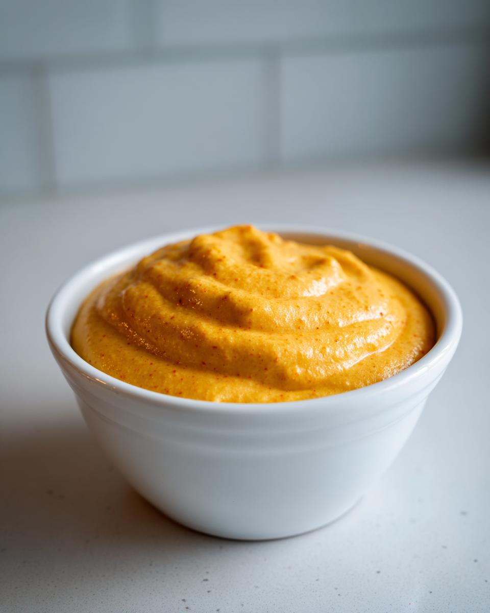 A close-up of thick, vibrant orange beer cheese dip swirled in a small white bowl.