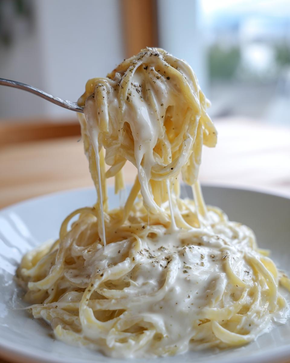 A fork lifting creamy pasta coated in rich cottage cheese alfredo sauce, garnished with pepper.