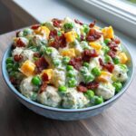 A close-up of a bowl of creamy pea salad, mixed with cheese cubes and topped with crispy bacon pieces.