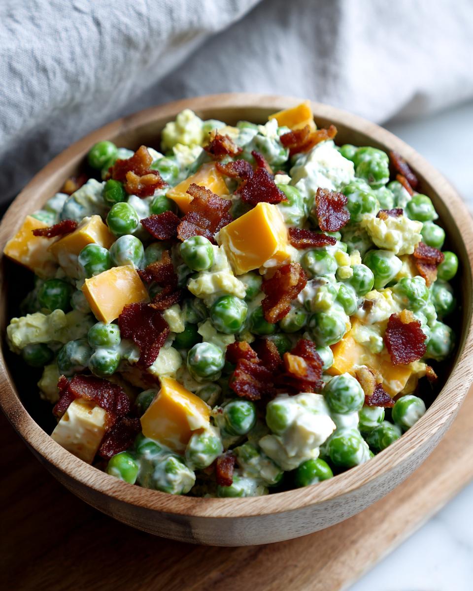 Close-up of creamy pea salad mixed with cheddar cheese cubes and topped with crispy bacon bits in a wooden bowl.