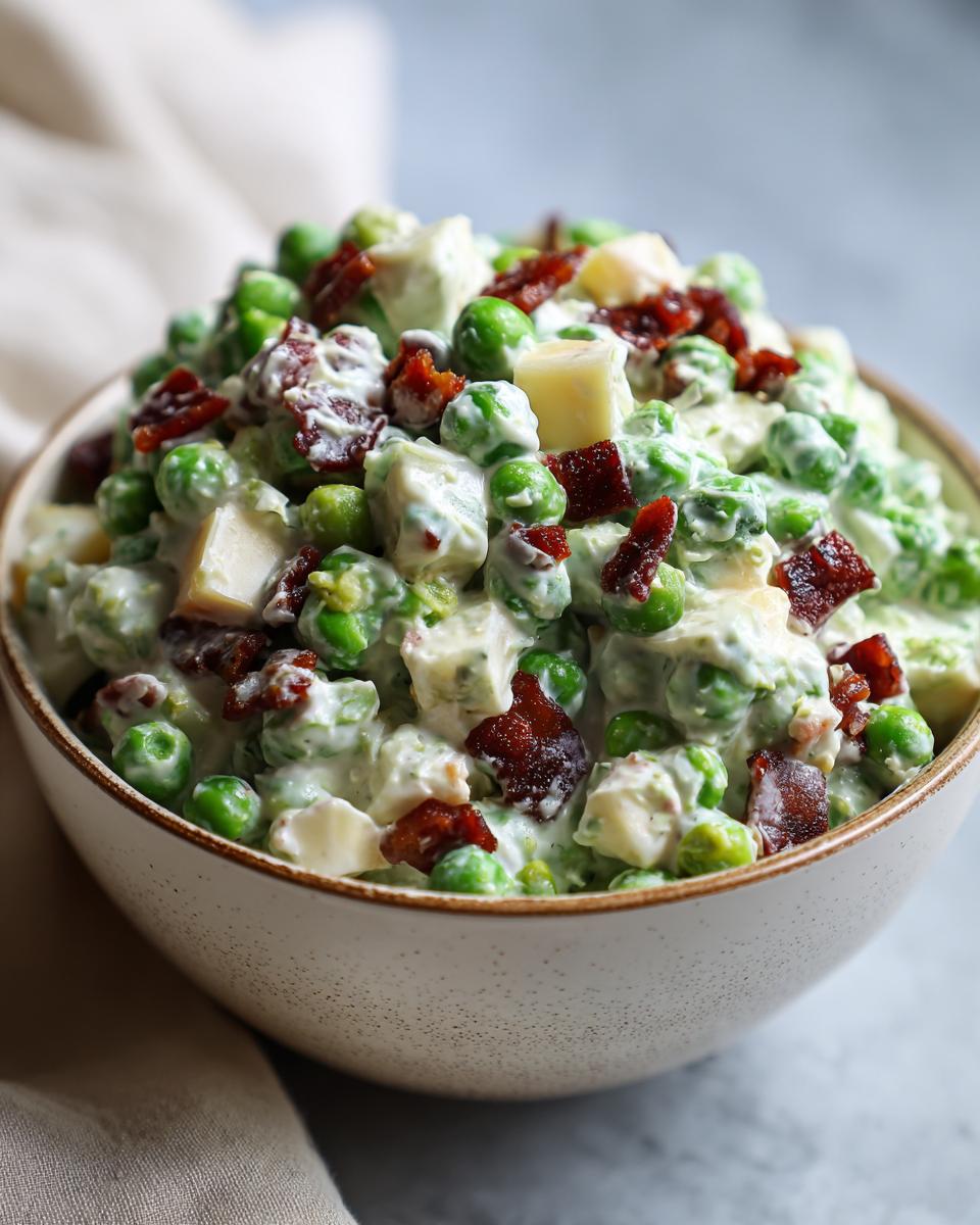 Close-up of creamy pea salad mixed with chunks of cheese and crispy bacon pieces in a speckled bowl.