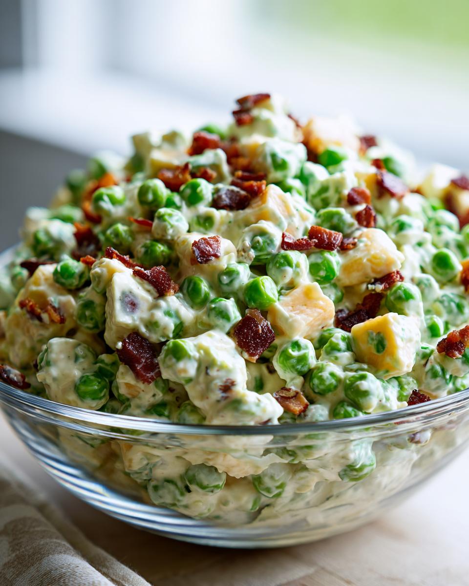 Close-up of creamy pea salad mixed with cheese cubes and topped with crispy bacon bits.
