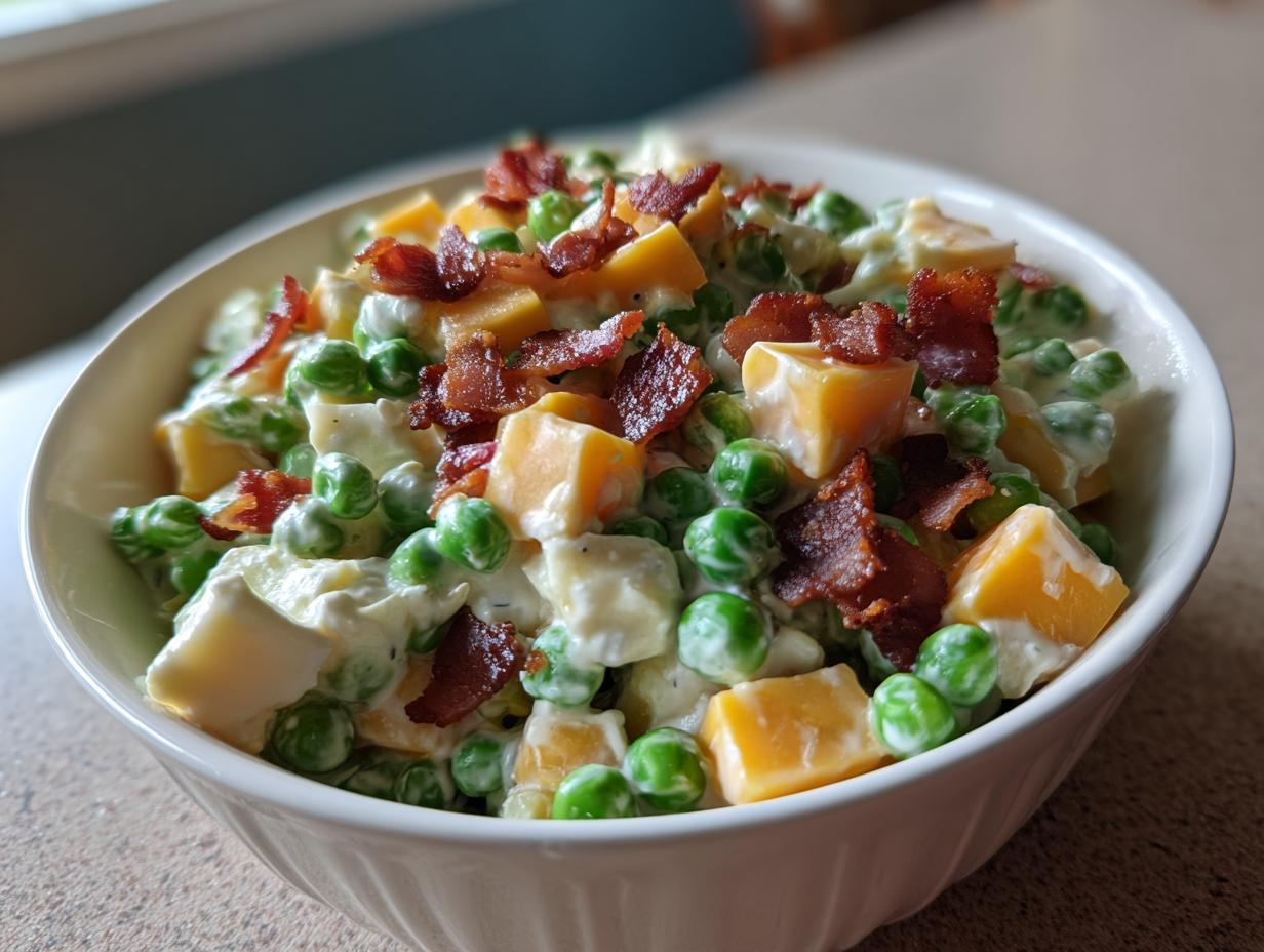 A white bowl filled with creamy pea salad featuring bright green peas, chunks of cheddar cheese, and crispy bacon bits.