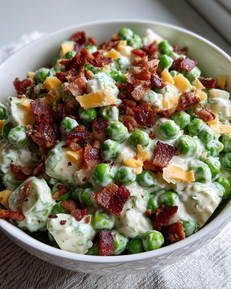 Close-up of a bowl of creamy pea salad mixed with a white dressing, topped with crumbled bacon and shredded cheddar cheese.