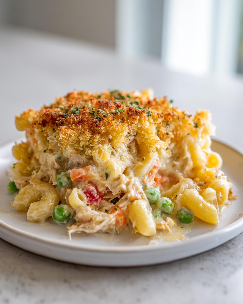 A close-up serving of creamy tuna pasta bake featuring elbow macaroni, peas, carrots, and a golden breadcrumb topping.