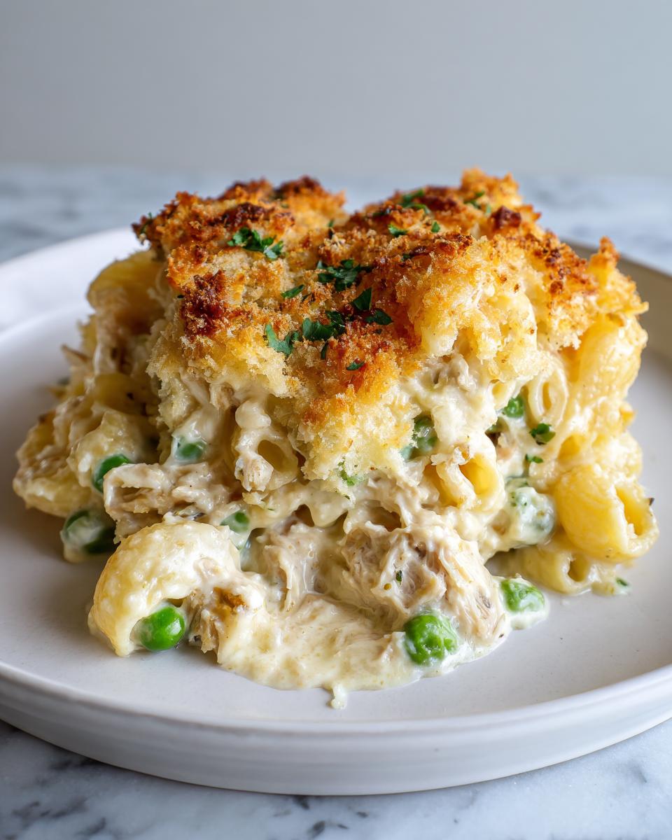 A generous serving of creamy tuna pasta bake with bright green peas and a golden, crunchy breadcrumb topping.