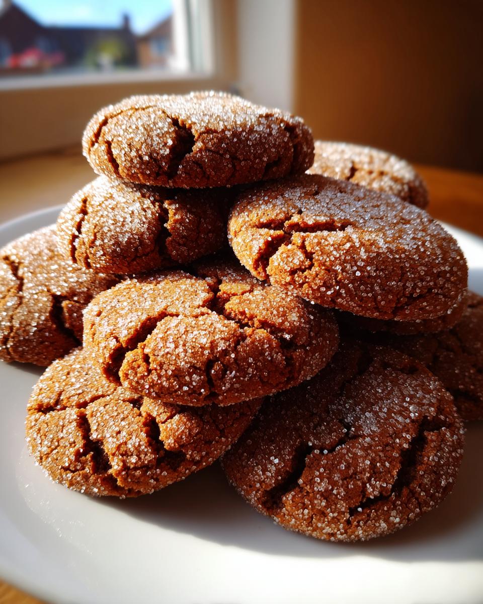 A close-up stack of dark, crinkled molasses cookies generously coated in sparkling white sugar.