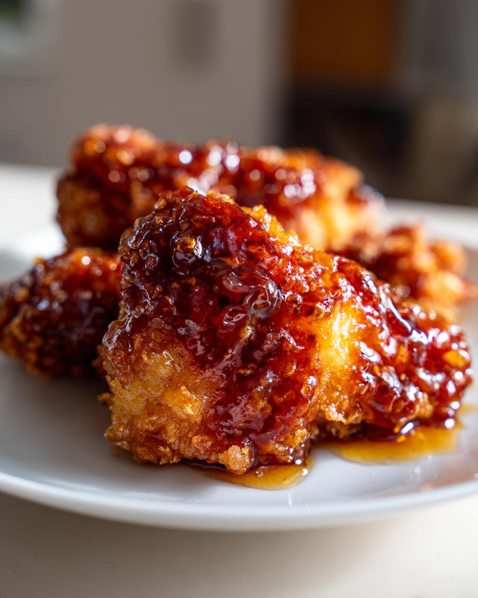 Close-up of crispy fried chicken pieces generously coated in a thick, glossy hot honey glaze.