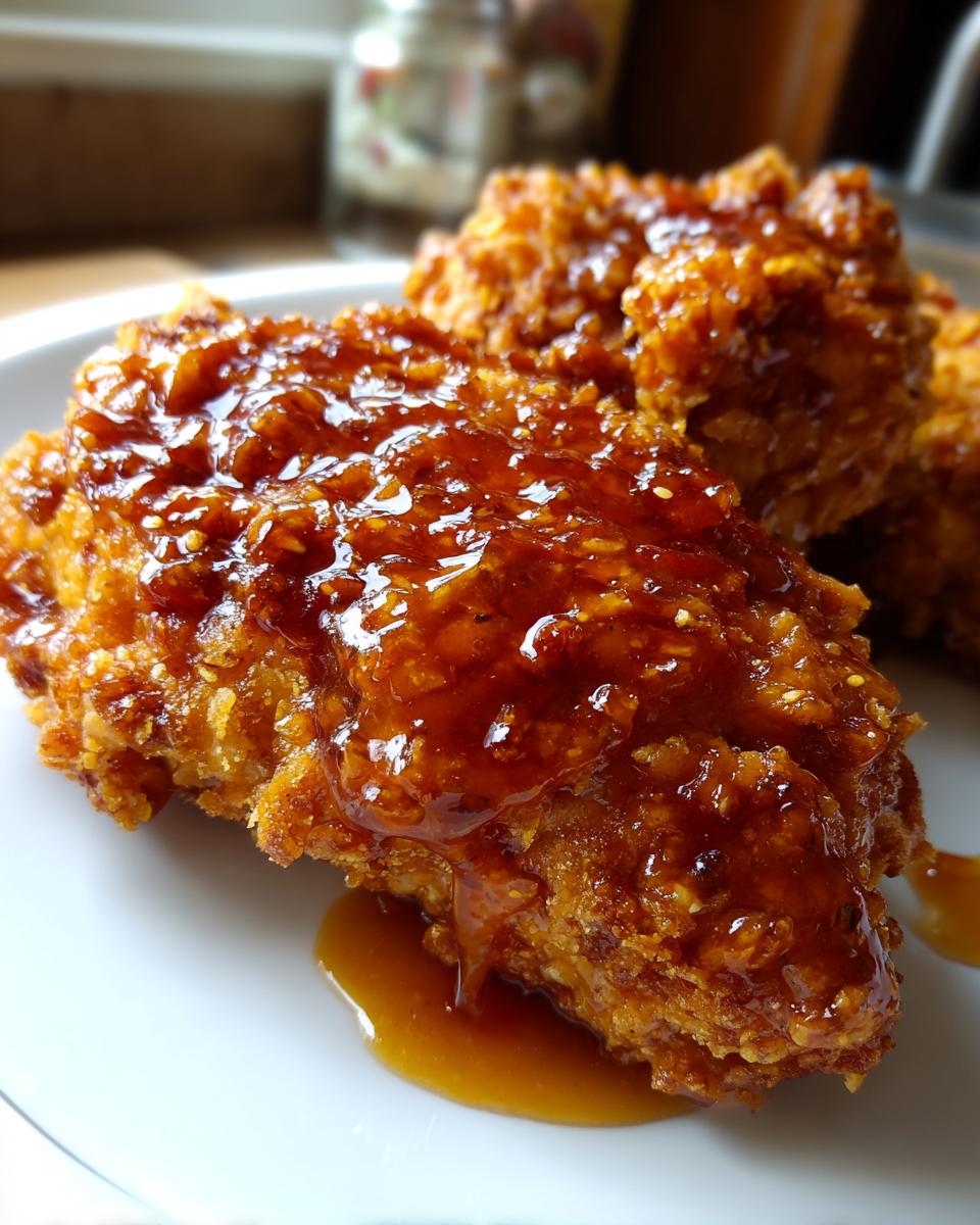Close-up of crispy fried chicken coated in a thick, glossy hot honey glaze on a white plate.