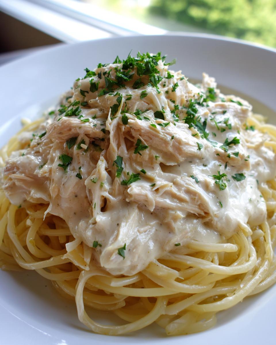 Close-up of creamy crock pot angel chicken served over a bed of spaghetti, garnished with parsley.