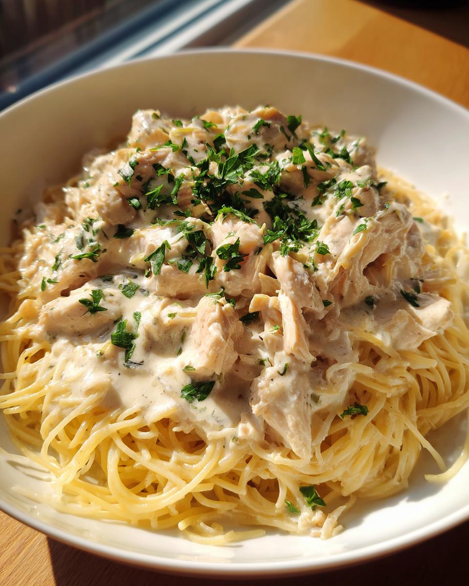 A bowl of spaghetti topped with creamy crock pot angel chicken and fresh parsley.