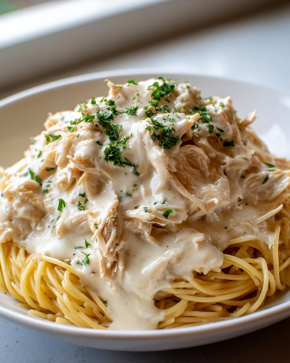 Shredded crock pot angel chicken in a creamy white sauce served over a bed of spaghetti and topped with parsley.