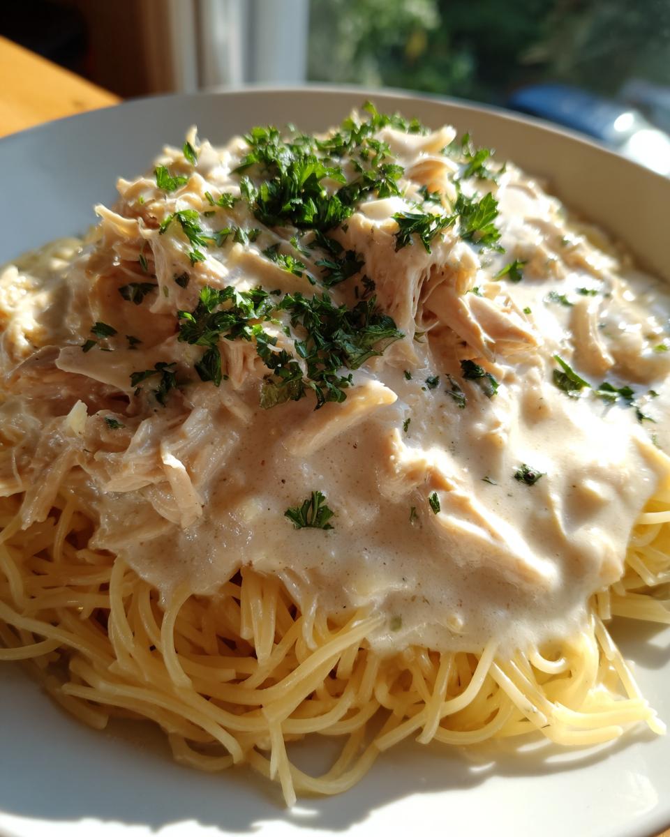 A serving of crock pot angel chicken in creamy sauce over spaghetti, topped with fresh parsley.
