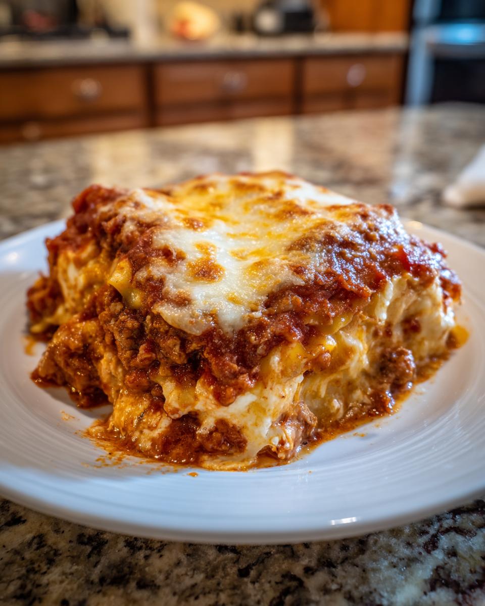A generous slice of crockpot ravioli lasagna with rich meat sauce and bubbly melted cheese on a white plate.