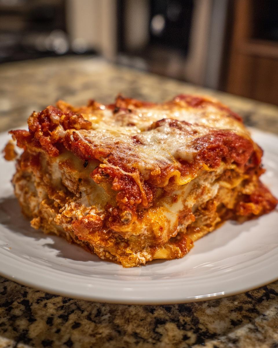 A thick, square serving of crockpot ravioli lasagna topped with rich tomato sauce and melted mozzarella cheese.