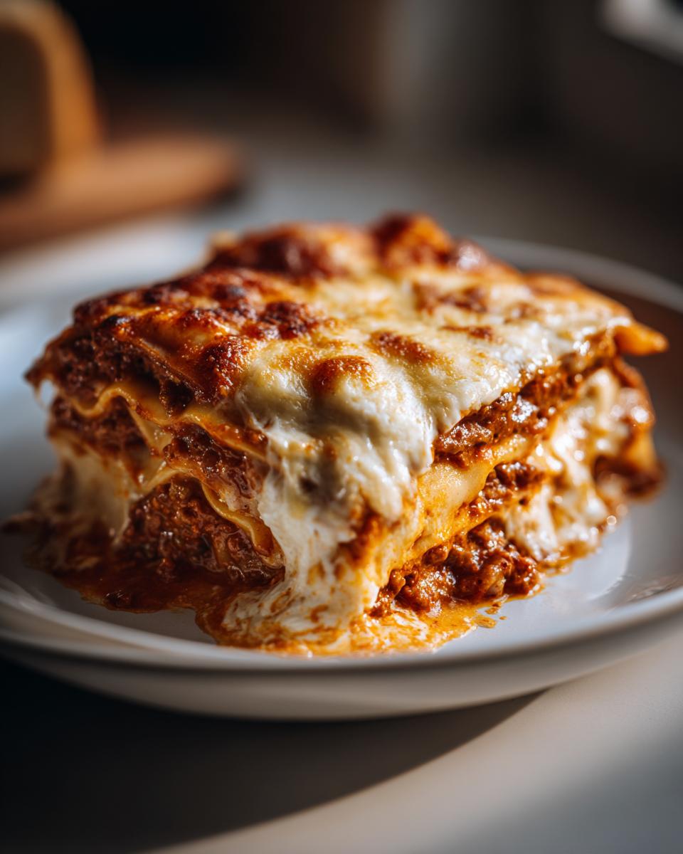 A close-up of a rich, cheesy slice of crockpot ravioli lasagna with browned cheese topping.