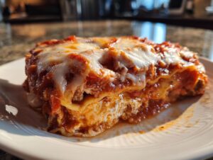 A close-up of a hearty slice of crockpot ravioli lasagna covered in melted cheese and rich tomato sauce.