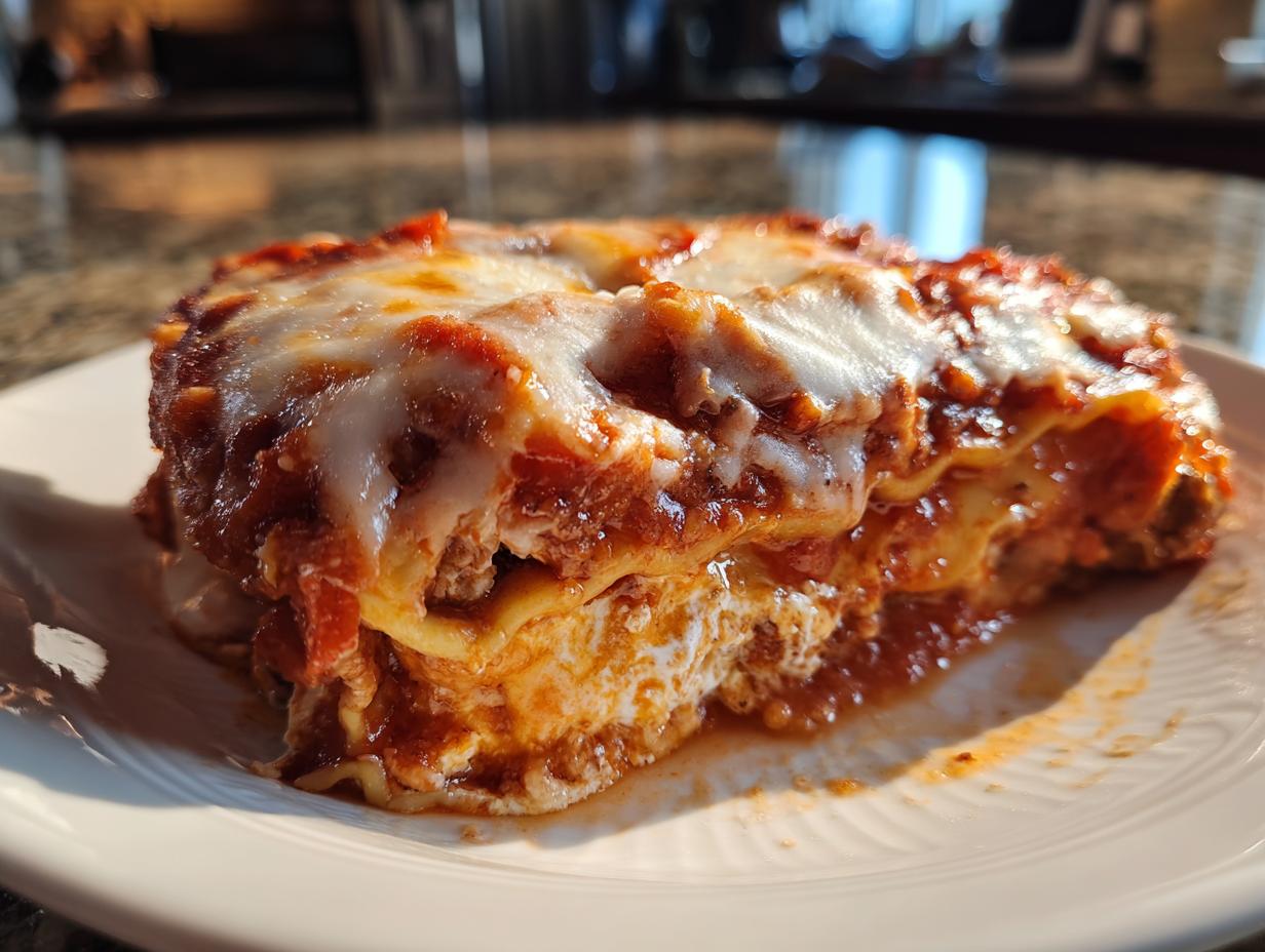 A close-up of a hearty slice of crockpot ravioli lasagna covered in melted cheese and rich tomato sauce.