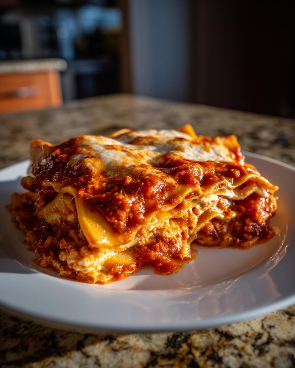 A rich, saucy slice of crockpot ravioli lasagna layered with pasta, cheese, and meat sauce on a white plate.