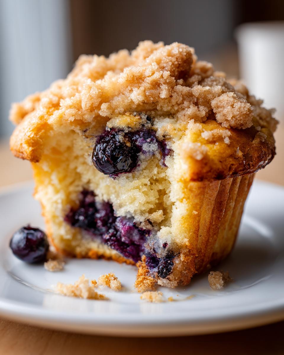 A close-up view of a blueberry muffin cut in half, showing the moist interior, burst blueberries, and a sugary crumb topping.
