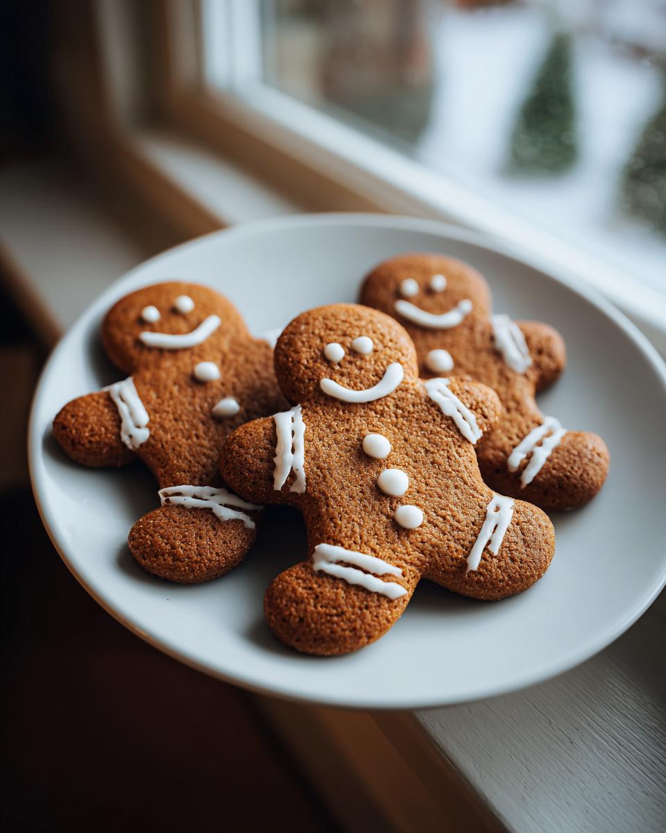 Three perfectly baked gingerbread cookies decorated with white icing smiles and buttons.