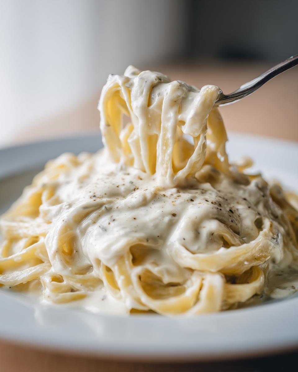 A fork lifting fettuccine noodles coated in thick cottage cheese alfredo sauce, sprinkled with black pepper.