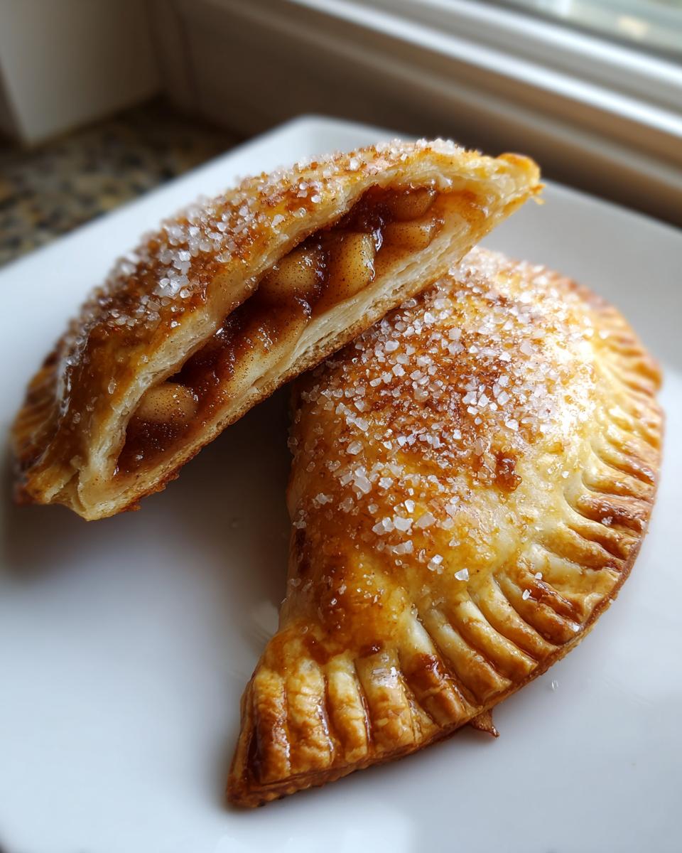 Two flaky apple hand pies, one cut open to show the spiced apple filling, dusted with coarse sugar.