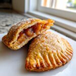 Two golden brown apple hand pies, one cut open to show the spiced apple filling.